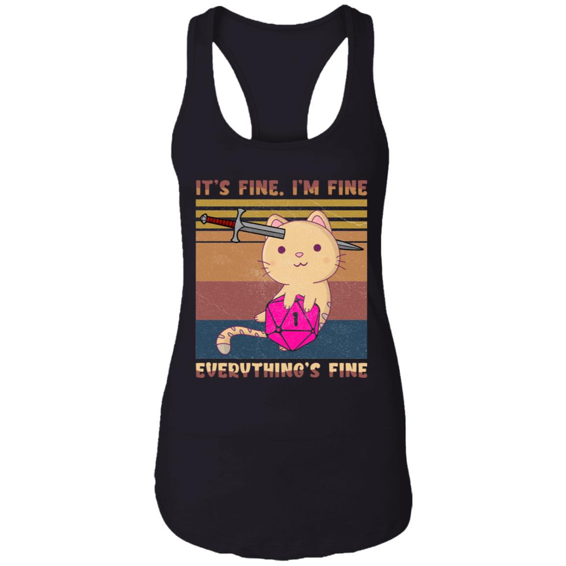 Dungeon Meowster It's Fine I'm Fine Everything Fine D&D Vintage Retro Tank Top Tee - Ladies Racerback Tank, Black, Ladies Racerback Tank