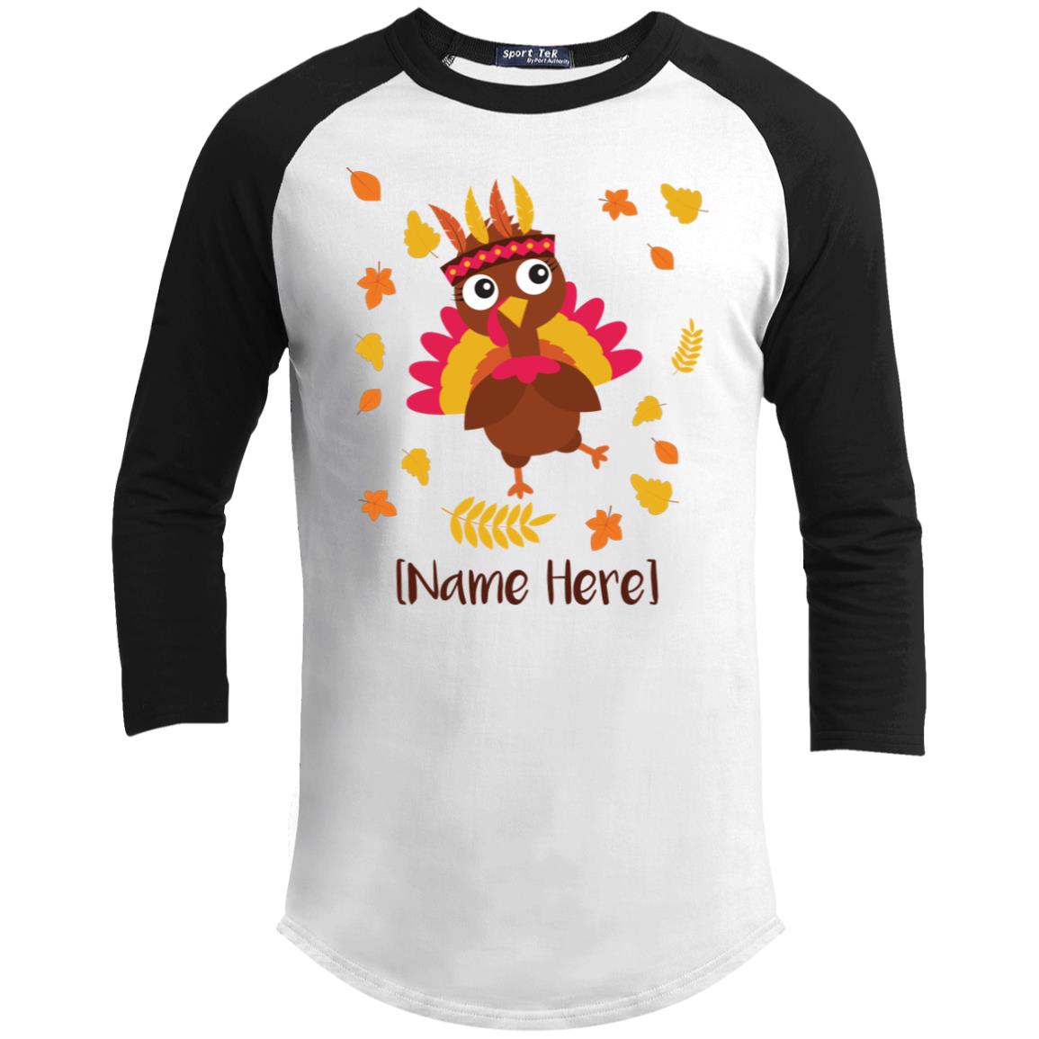 Personalized Little Thanksgiving Turkey 3/4 Raglan Jersey for Kids - Kids Long Sleeve Shirt - Baseball Tee, White/Black, Youth Sporty Raglan Jersey Personalized Little Thanksgiving Turkey 3/4 Raglan Jersey for Kids - Kids Long Sleeve Shirt - Baseball Tee, White/Black, Youth Sporty Raglan Jersey
