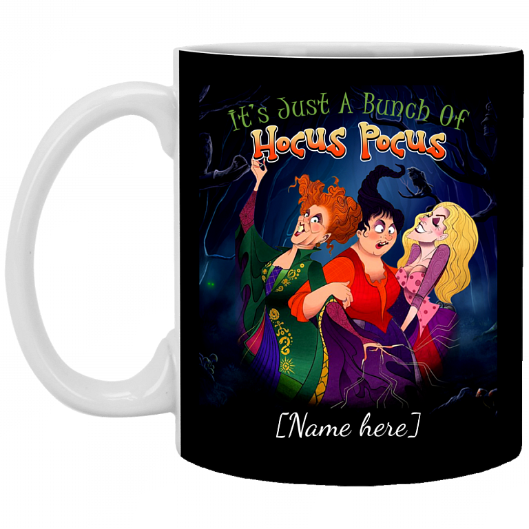 Personalized It's Just a Bunch of Hocus Ceramic Coffee Mug - Beer Stein - Water Bottle, Black, 11 oz. White Mug