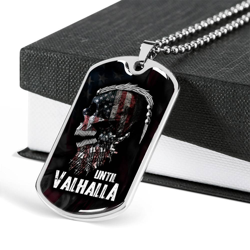 Until Valhalla Viking Dog Tag Pendant Necklace - Skull American Flag Pendant Necklace - Norse Viking Necklace - Dog Tag (Silver)