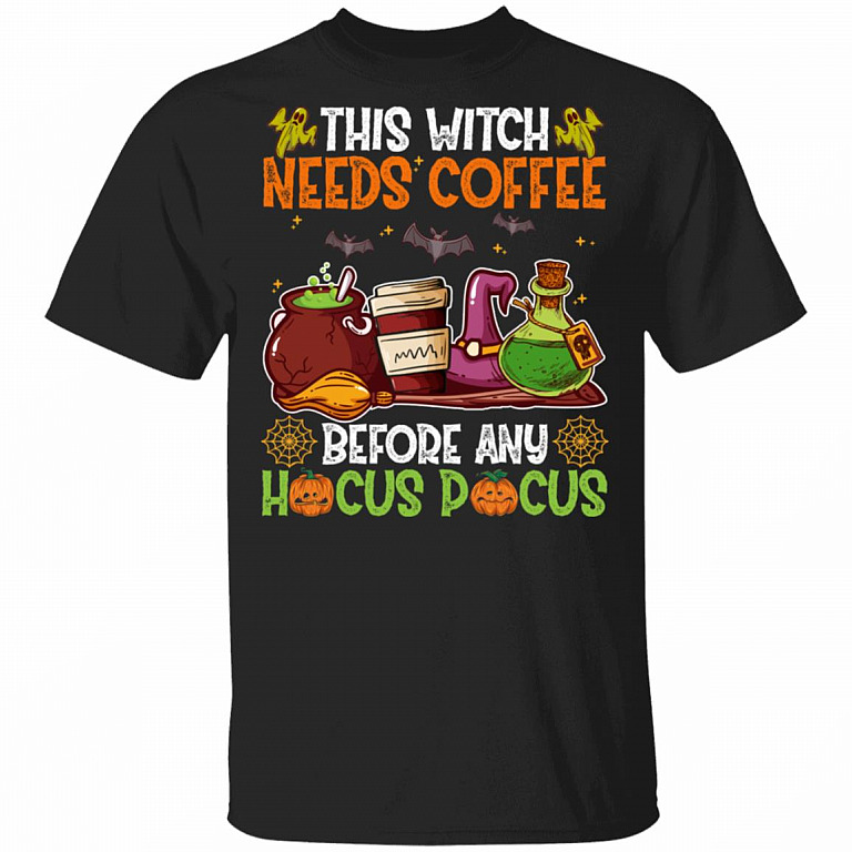 This Witch Needs Coffee Before Any Hocus Pocus T-Shirt - Funny Halloween Movies Shirt, Black, Unisex T-Shirt