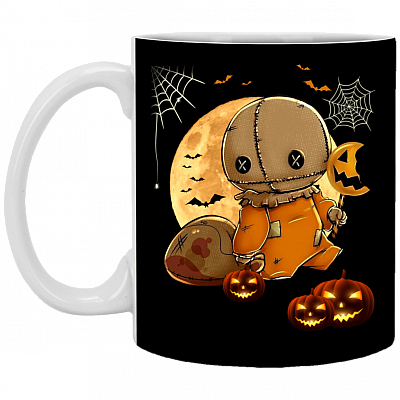 Trick R Treat Sam Coffee Mug - Beer Stein - Water Bottle - Color Changing Mug - Halloween Mug, Black, 11 oz. White Mug