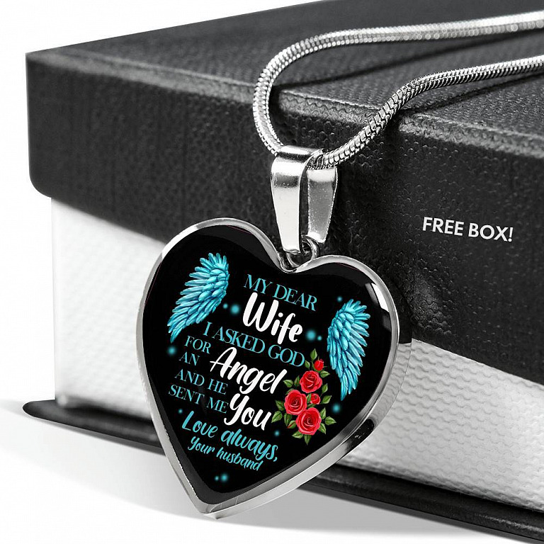 My Dear Wife I Asked God for an Angel and He Sent Me You from Your Husband Heart Pendant Necklace - Heart Luxury Necklace (Silver)