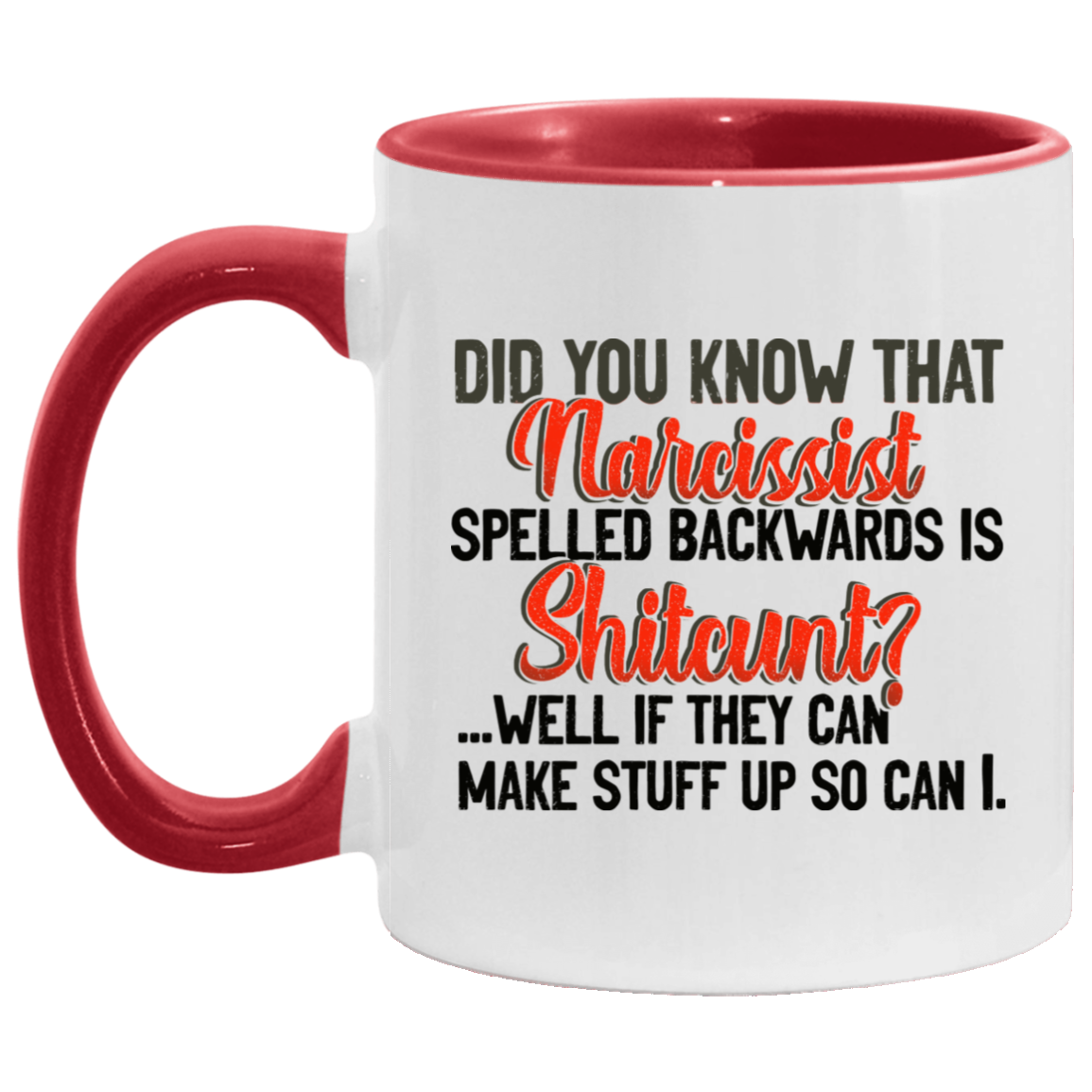 Did You Know That Narcissist Spelled Backwards Is Shitcunt Accent Mug, White/Red, 11 oz. Accent Mug Did You Know That Narcissist Spelled Backwards Is Shitcunt Accent Mug, White/Red, 11 oz. Accent Mug