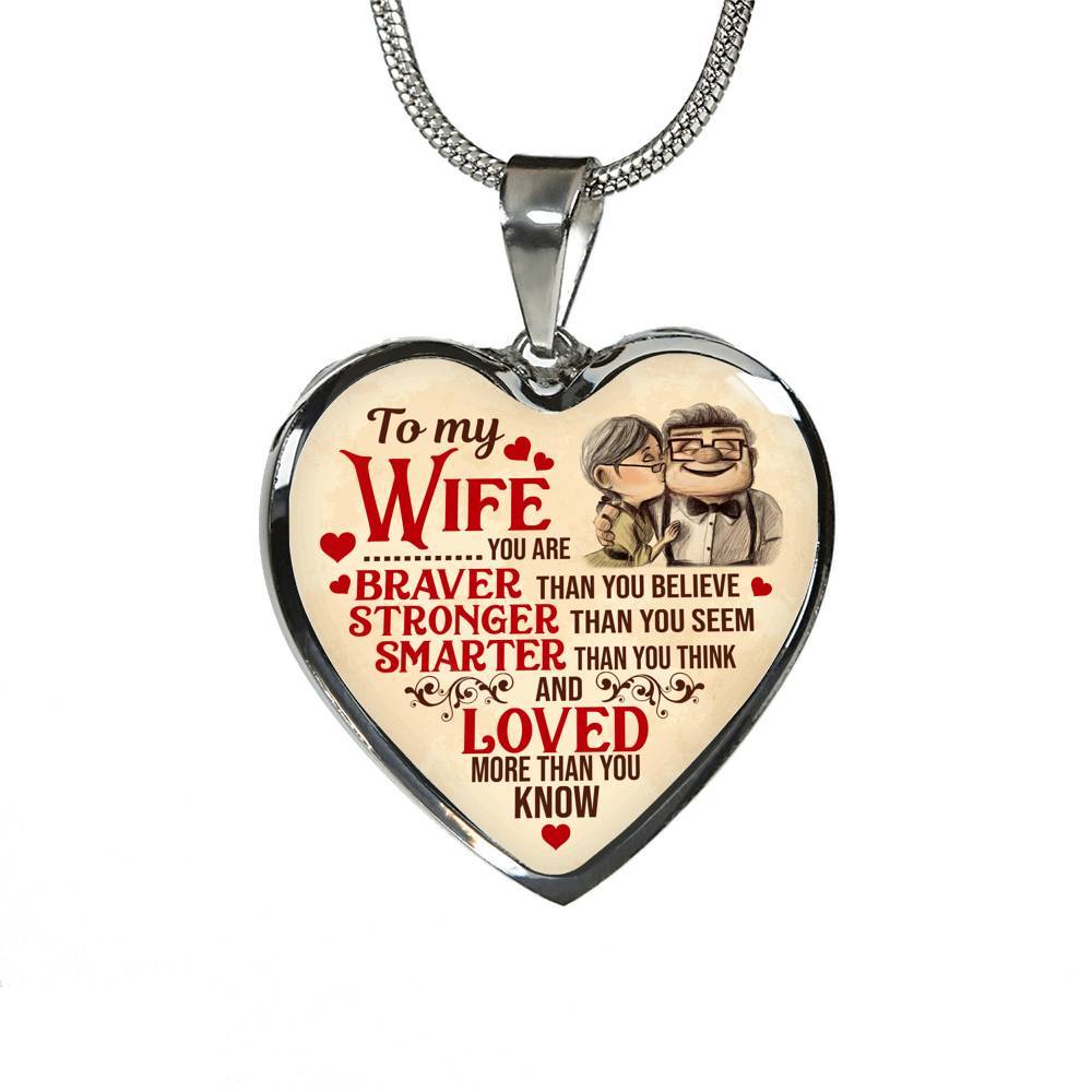To My Wife You Are Braver Than You Believe And Loved More Than You Know UP Luxury Heart Pendant Necklace - Heart Luxury Necklace (Silver) To My Wife You Are Braver Than You Believe And Loved More Than You Know UP Luxury Heart Pendant Necklace - Heart Luxury Necklace (Silver)