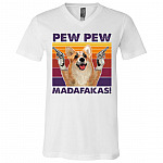 Pew Pew Madafakas Funny Corgi Vintage Retro T-Shirt - V-Neck Tee - Corgi Lover Shirt, White, V-Neck T-Shirt