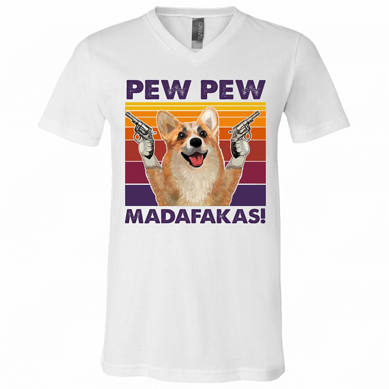 Pew Pew Madafakas Funny Corgi Vintage Retro T-Shirt - V-Neck Tee - Corgi Lover Shirt, White, V-Neck T-Shirt