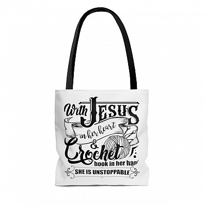 Alternative view of With Jesus In Her Heart Crochet Hook In Her Hand All Over Print Tote Bag - Shoulder Bag - Reusable Grocery Shopping Bag