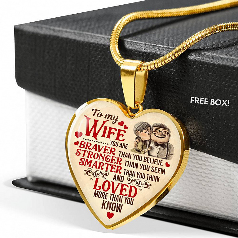 To My Wife You Are Braver Than You Believe And Loved More Than You Know UP Luxury Heart Pendant Necklace - Heart Luxury Necklace (Gold Plated)