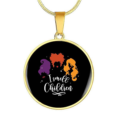 I Smell Children Hocus Pocus Three Witch Halloween Luxury Circle Pendant Necklace - Circle Luxury Necklace (Gold Plated)