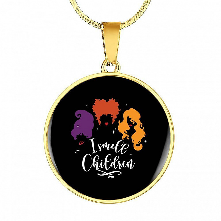 I Smell Children Hocus Pocus Three Witch Halloween Luxury Circle Pendant Necklace - Circle Luxury Necklace (Gold Plated)