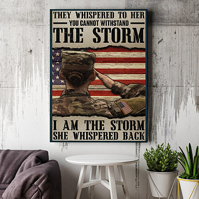Alternative view of American Flag Army Girl They Whispered To Her You Cannot Withstand The Storm Framed Canvas - Unframed Poster