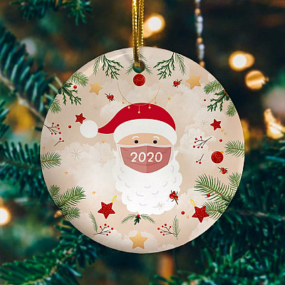 Alternative view of Santa Wearing A Face Mask Decorative Christmas Ornament Keepsake - Holiday Flat Circle Ornament