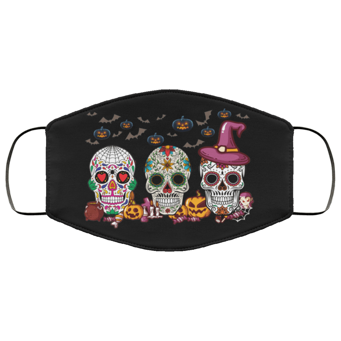 Halloween Sugar Skulls Washable Reusable Custom Printed Cloth Face Mask Cover, Black, Cloth Face Cover Halloween Sugar Skulls Washable Reusable Custom Printed Cloth Face Mask Cover, Black, Cloth Face Cover