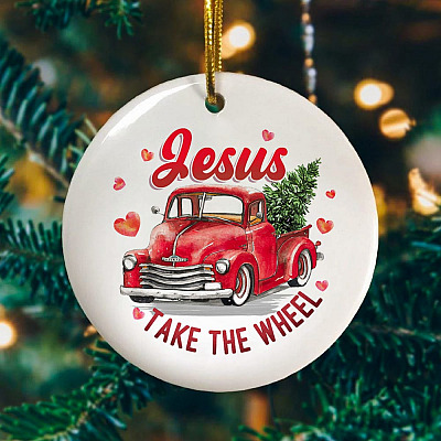 Alternative view of Jesus Take The Wheel Ornament Keepsake - Christmas Holiday Flat Circle Porcelain Ceramic Ornament