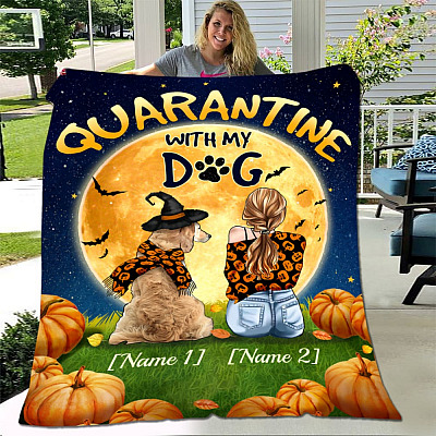 Alternative view of Personalized Quarantine With My Dog Golden Retriever Halloween Fleece Blanket - Premium Sherpa Blanket