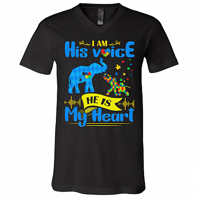 I Am His Voice He Is My Heart Elephant Autism T-Shirt - V-Neck Shirt - Autism Awareness Dad Mom Shirt, Black, V-Neck T-Shirt