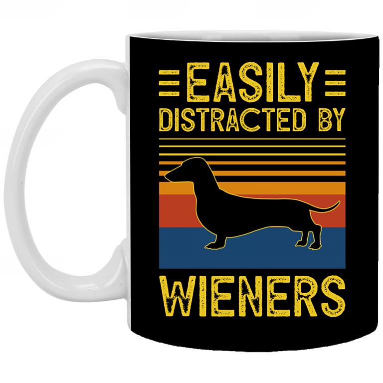 Easily Distracted by Wieners Vintage Retro Ceramic Coffee Mug - Beer Stein - Water Bottle, Black, 11 oz. White Mug