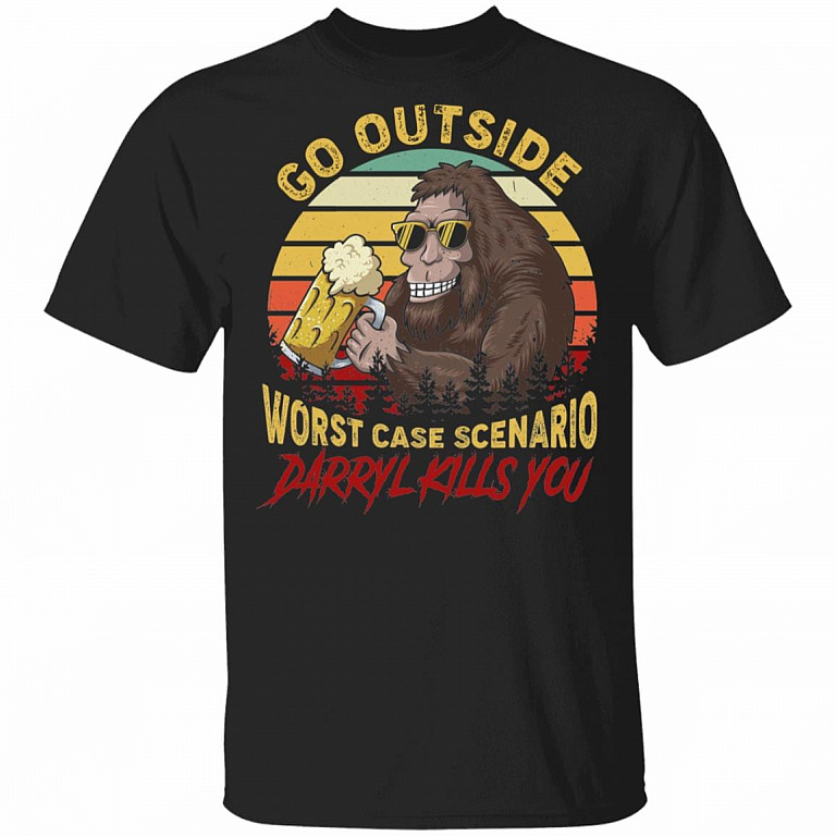 Go Outside Worst Case Scenario Darryl Kills You Funny Bigfoot Vintage T-Shirt - Bigfoot Drinking Beer Shirt, Black, Unisex T-Shirt