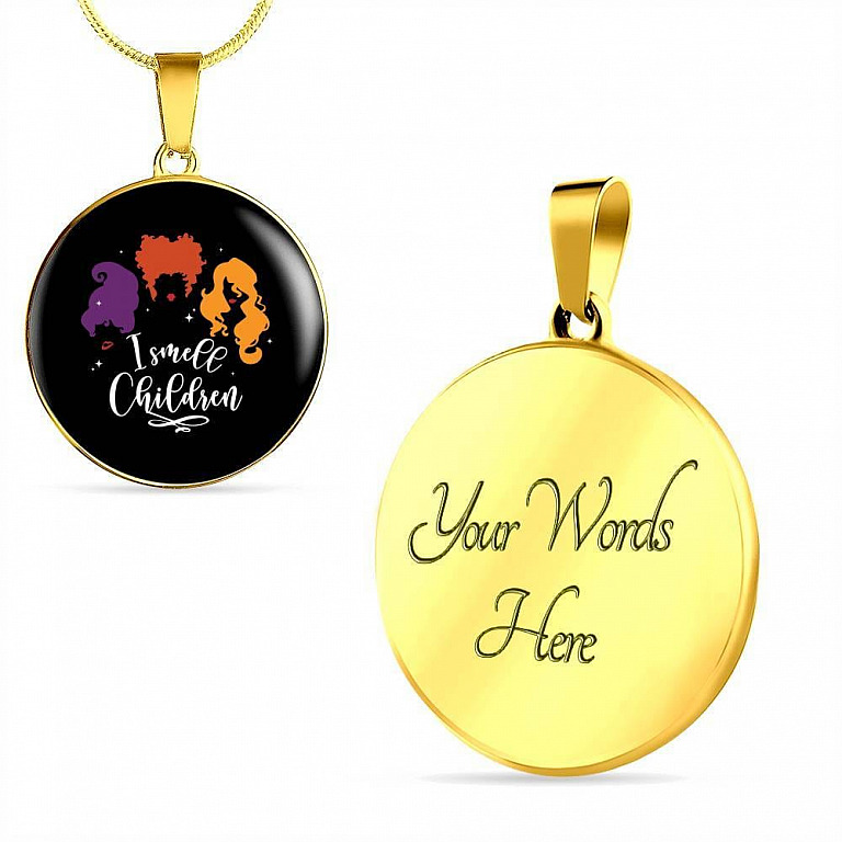I Smell Children Hocus Pocus Three Witch Halloween Luxury Circle Pendant Necklace - Circle Luxury Necklace (Gold Plated)