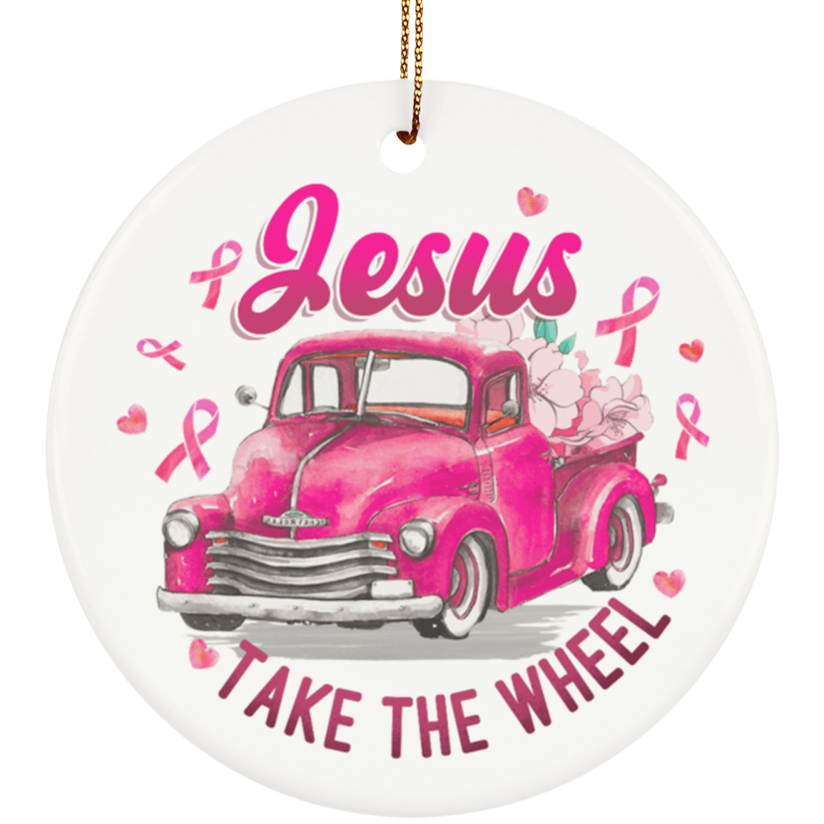 Jesus Take The Wheel Breast Cancer Awareness Keepsake - Holiday Flat Circle Porcelain Ceramic Ornament, White, Ceramic Circle Ornament Jesus Take The Wheel Breast Cancer Awareness Keepsake - Holiday Flat Circle Porcelain Ceramic Ornament, White, Ceramic Circle Ornament