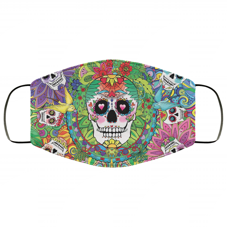 Colorful Mexican Calavera Sugar Skull Mask Washable Reusable Custom – Printed Cloth Face Mask Cover, White, Cloth Face Cover