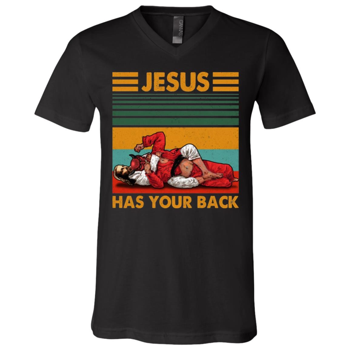 Vintage Retro Jesus Has Your Back T-Shirt - V-Neck Shirt - Funny Brazilian Jiu Jitsu Shirt, Black, V-Neck T-Shirt