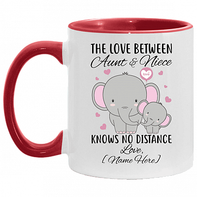 Personalized The Love Between Aunt and Niece Knows No Distance Accent Mug - Cute Elephant Aunt and Niece Gift, White/Red, 11 oz. Accent Mug