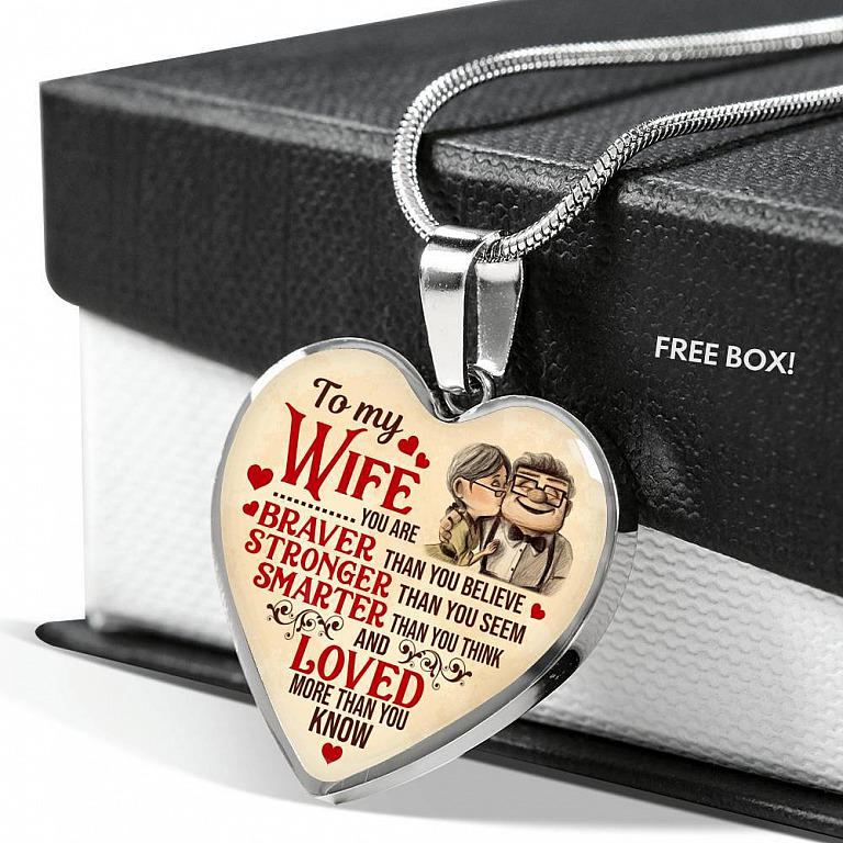 To My Wife You Are Braver Than You Believe And Loved More Than You Know UP Luxury Heart Pendant Necklace - Heart Luxury Necklace (Silver)