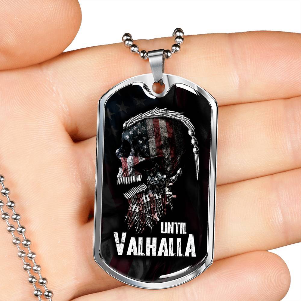 Until Valhalla Viking Dog Tag Pendant Necklace - Skull American Flag Pendant Necklace - Norse Viking Necklace - Dog Tag (Silver)
