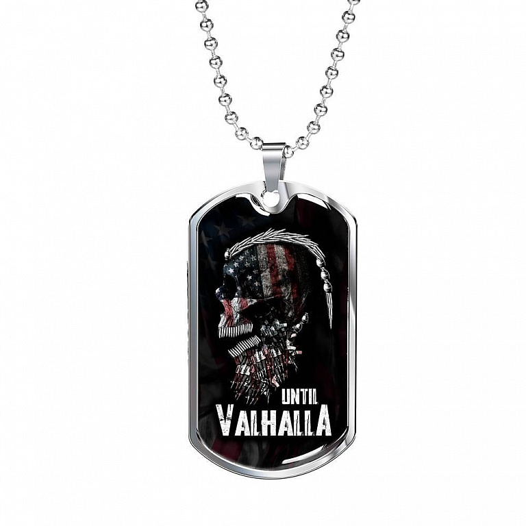 Until Valhalla Viking Dog Tag Pendant Necklace - Skull American Flag Pendant Necklace - Norse Viking Necklace - Dog Tag (Silver)