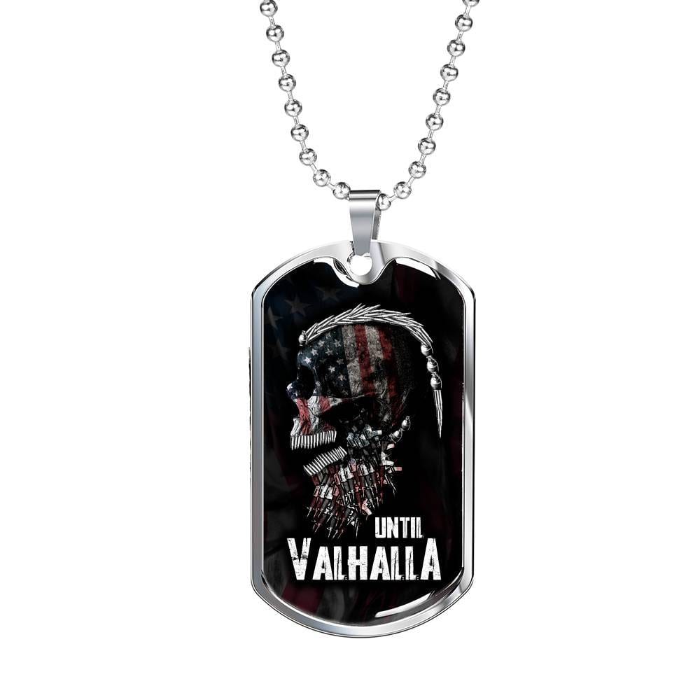 Until Valhalla Viking Dog Tag Pendant Necklace - Skull American Flag Pendant Necklace - Norse Viking Necklace - Dog Tag (Silver)