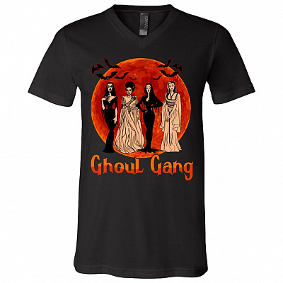 Ghoul Gang Sunset Halloween T-shirt - V-neck For Women - Squad Goals Elvira Morticia Shirt, Black, V-Neck T-Shirt