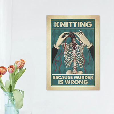 Alternative view of Skull Knitting Because Murder Is Wrong Framed Canvas Prints - Unframed Poster - Gift For Knitting Lovers