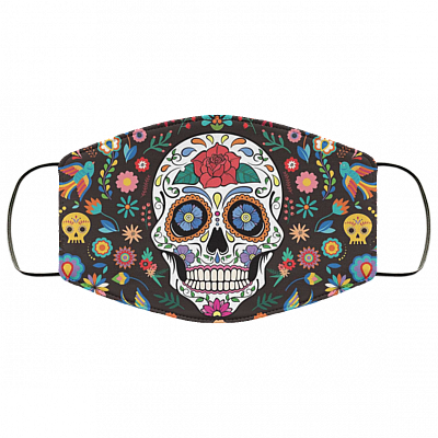 Mexican Calavera Sugar Skull Mask Washable Reusable Custom – Printed Cloth Face Mask Cover, White, Cloth Face Cover
