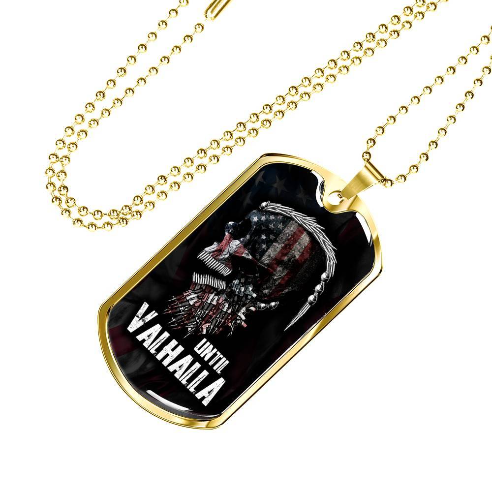 Until Valhalla Viking Dog Tag Pendant Necklace - Skull American Flag Pendant Necklace - Norse Viking Necklace - Dog Tag (Gold Plated)