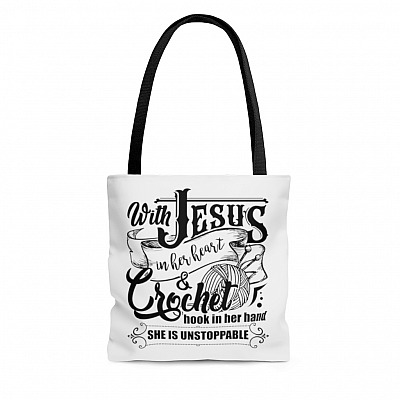 With Jesus In Her Heart Crochet Hook In Her Hand All Over Print Tote Bag - Shoulder Bag - Reusable Grocery Shopping Bag
