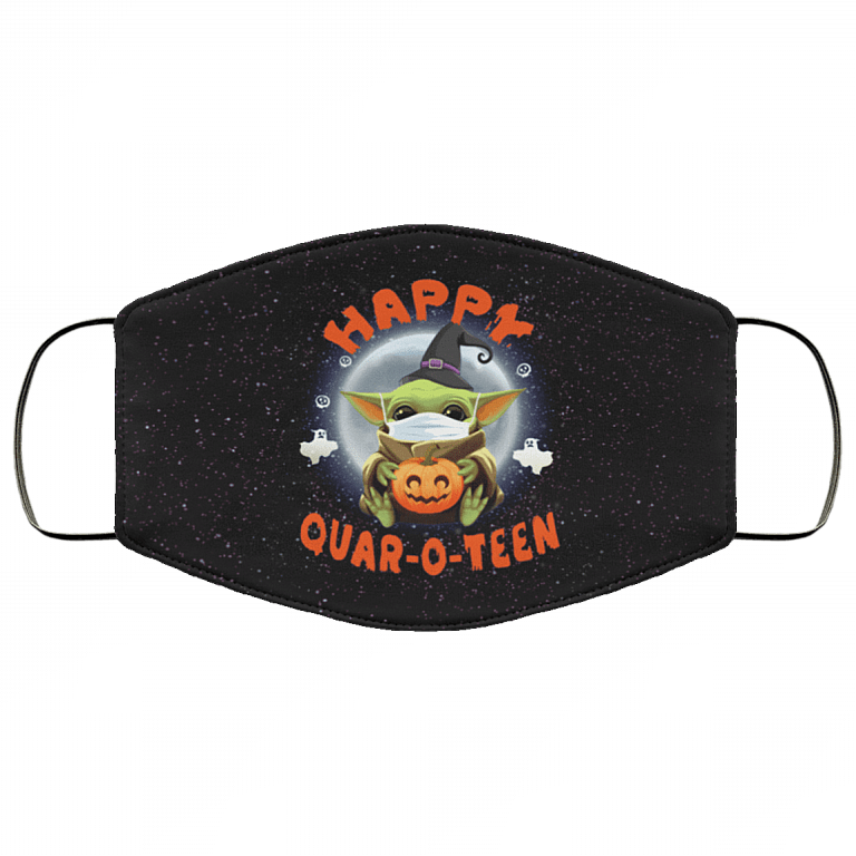 Baby Yoda Washable Reusable Custom Printed Cloth Face Mask Cover - Happy Quar-o-teen - Funny Halloween Quarantine Face Mask, Black, Cloth Face Cover