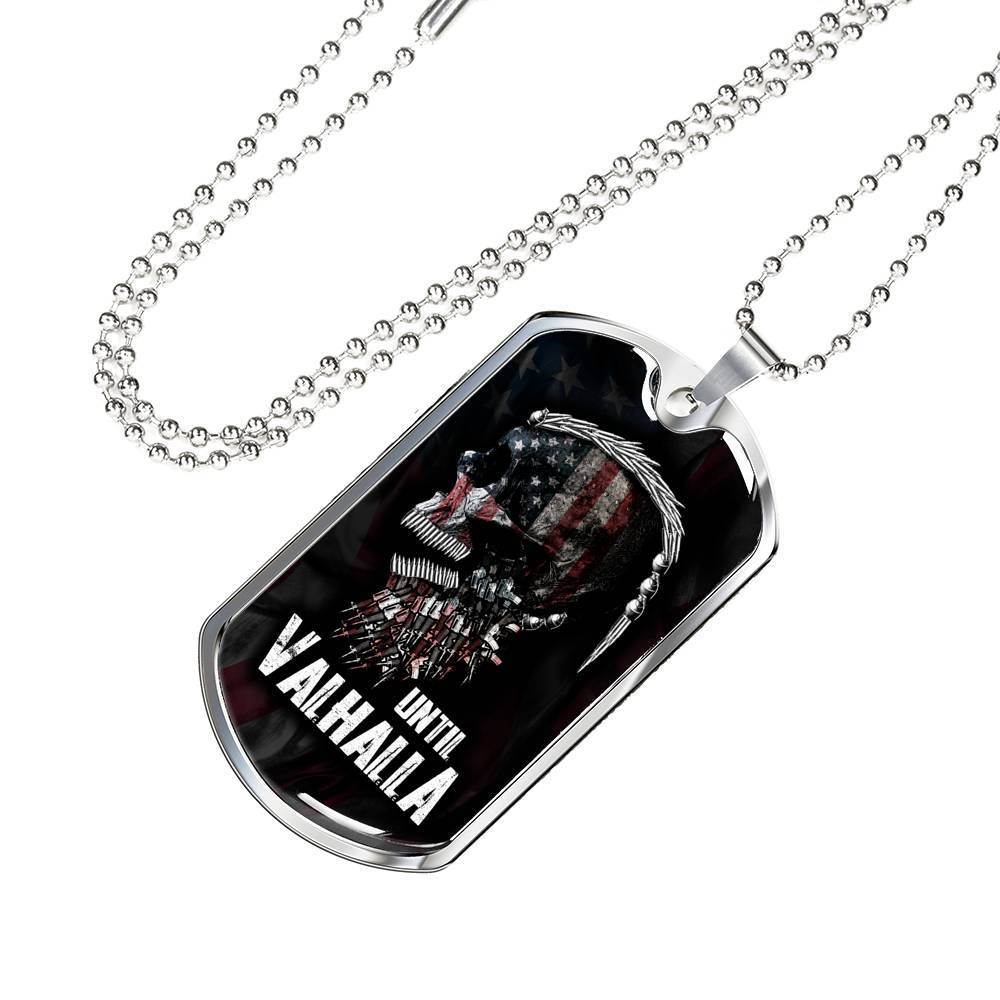 Until Valhalla Viking Dog Tag Pendant Necklace - Skull American Flag Pendant Necklace - Norse Viking Necklace - Dog Tag (Silver)