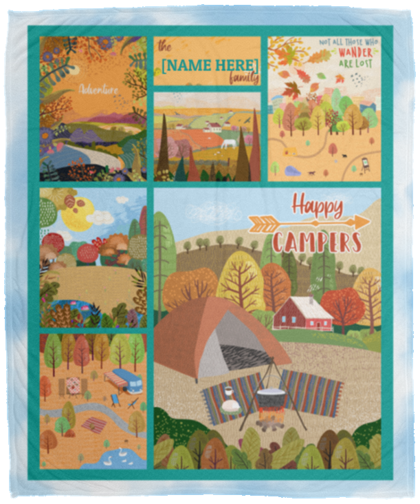 Personalized Family Name Happy Campers Fleece Blanket – Camping Gifts Premium Sherpa Blanket, White, Cozy Plush Fleece Blanket - 50x60