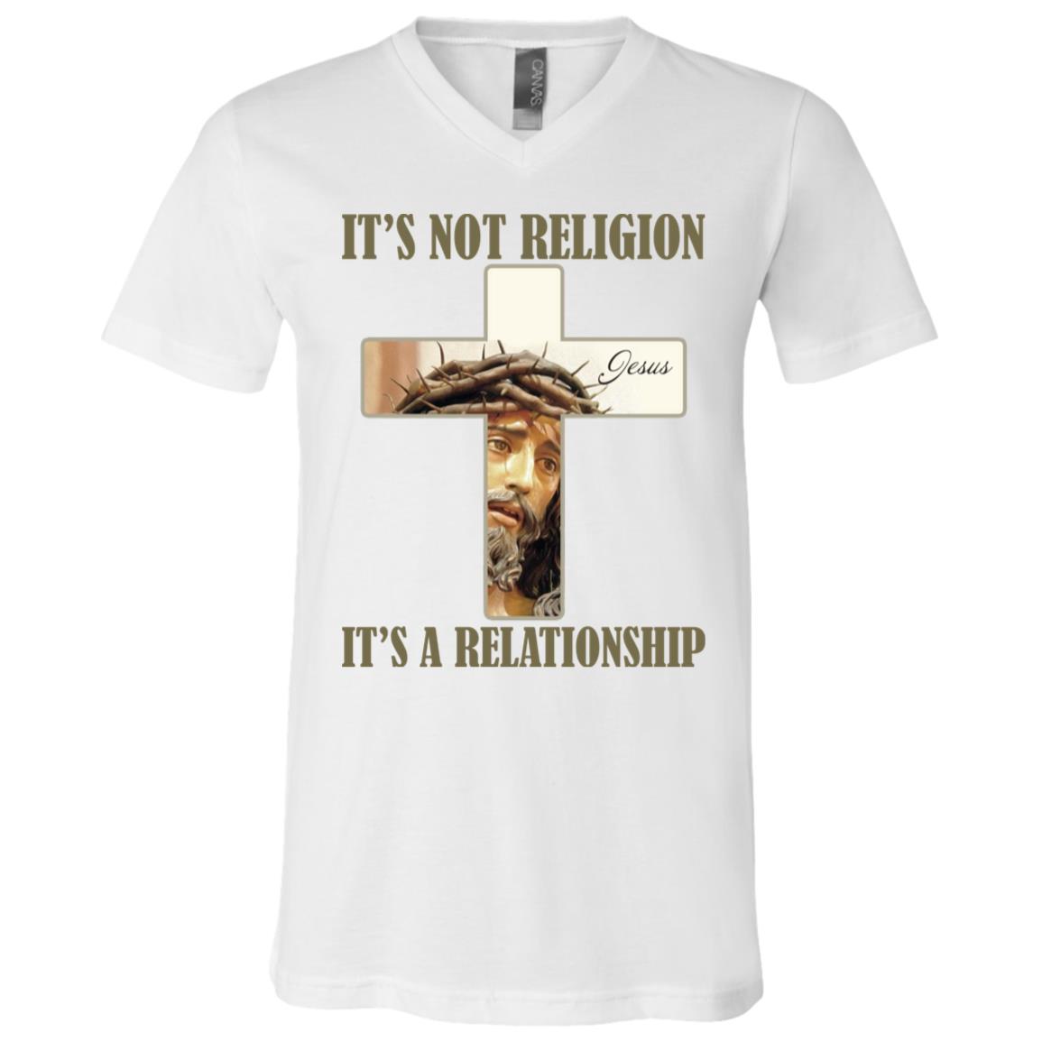 It's Not Religion It's A Relationship Jesus With Thorn Light T-shirt - V-neck - Christian Cross Tee Shirt, White, V-Neck T-Shirt