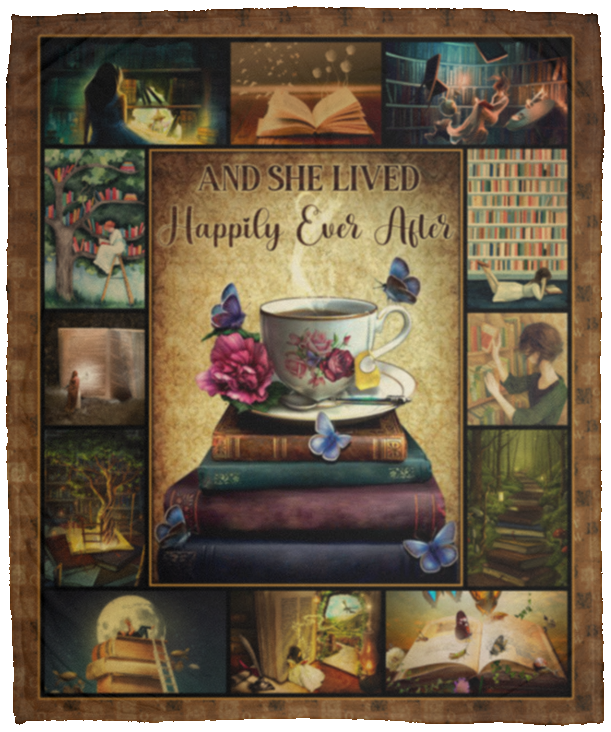 And She Lived Happily Ever After Fleece Blanket - Premium Mink Sherpa Blanket - Girl Who Loves Books Gift, White, Cozy Plush Fleece Blanket - 50x60