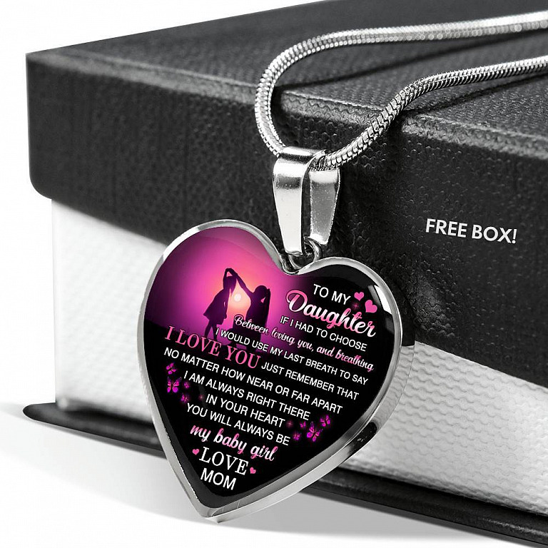 Mom to My Daughter if I Had to Choose Between Loving You and Breathing Heart Pendant Necklace - Heart Luxury Necklace (Silver)