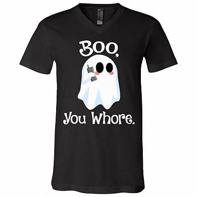Cute Boo You Whore T-Shirt - V-Neck Shirt - Mean Girls Halloween Ghost Whore Shirt, Black, V-Neck T-Shirt