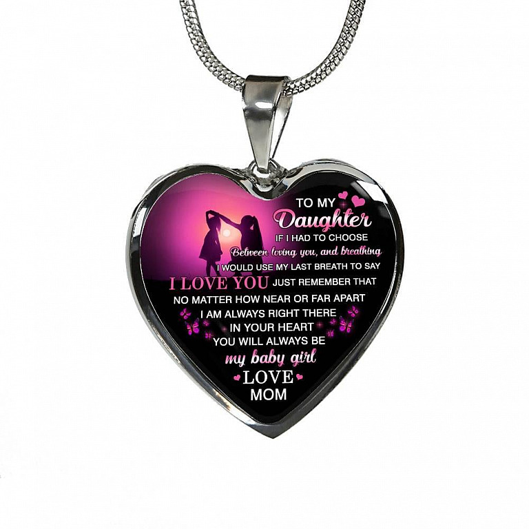 Mom to My Daughter if I Had to Choose Between Loving You and Breathing Heart Pendant Necklace - Heart Luxury Necklace (Silver)