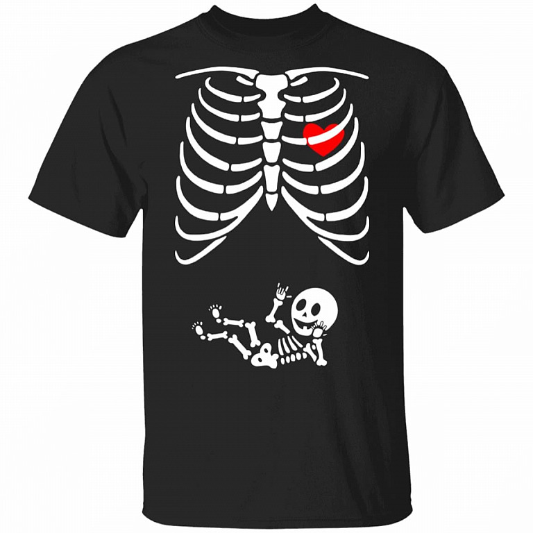 Couple Skeleton Matching T-Shirt - Funny Skeleton Mom Pregnant Shirt, Black, Unisex T-Shirt