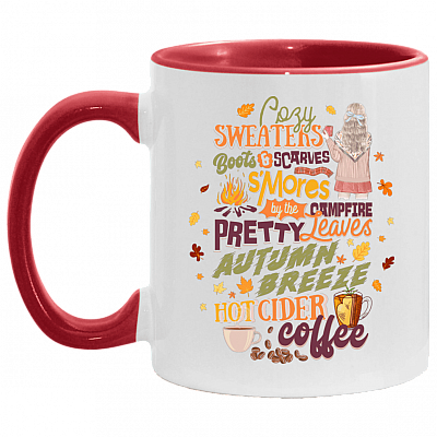 Cozy Sweaters S'mores By The Campfire Pretty Leaves Coffee Autumn Fall Ceramic Accent Mug-Halloween Gifts Mug, White/Red, 11 oz. Accent Mug
