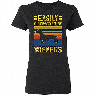 Easily Distracted by Wieners Vintage Retro Ladies T-Shirt - Premium Ladies Triblend Dolman Sleeve Shirt, Black, Ladies T-Shirt