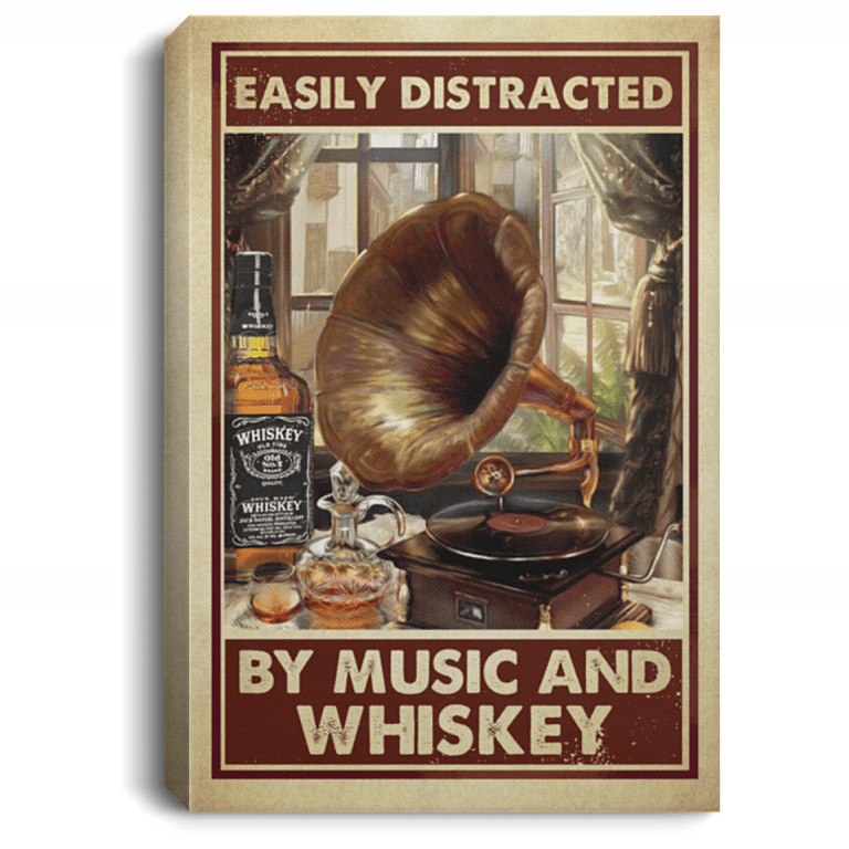 Vintage Easily Distracted By Music And Whiskey Framed Canvas Prints - Unframed Poster, White, 0.75'' Framed Canvas