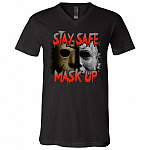Stay Safe Mask Up Michael and Jason Mask Horror Characters T-Shirt - V Neck, Black, V-Neck T-Shirt